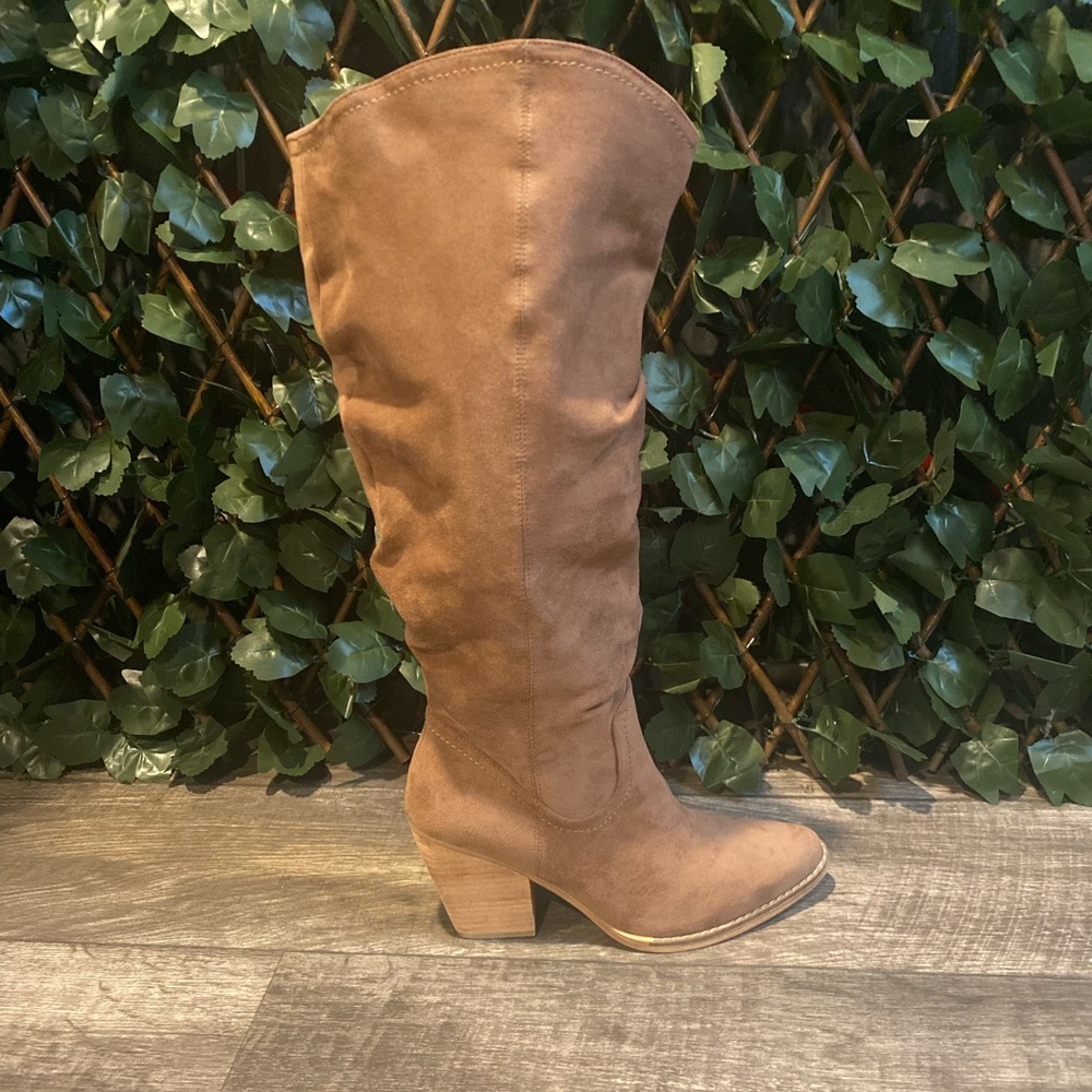 Wide calf faux suede tall boots